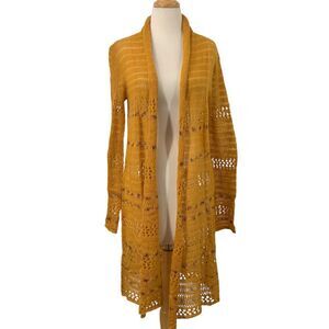 Soft Surroundings Women's Long Open Weave Crochet Cardigan Duster Mustard Size S